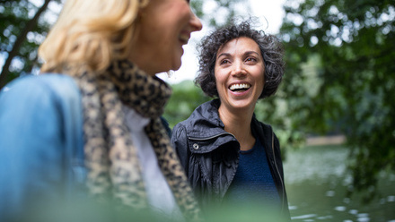 Women laughing, friends, outside, walking