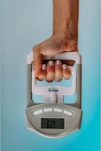 A hand dynamometer measures hand grip strength